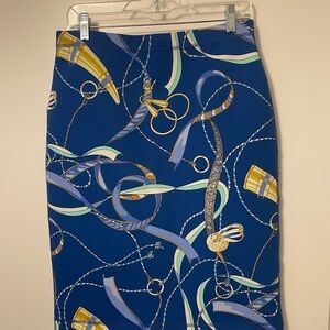 J. McLaughlin Blue and Gold Patterned Pencil Skirt